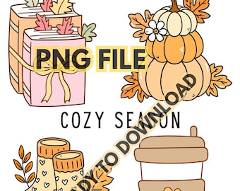 May include: A digital illustration featuring fall-themed elements. Includes stacked pumpkins, books, socks with hearts, and a coffee cup. The text "PNG FILE" and "COZY SEASON" are visible. The image is ready to download.