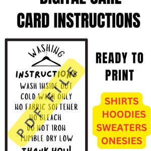 Ready to Print, shirt package insert, small business, wash care printable, Digital instructions, care card printable,clothing care card pdf,