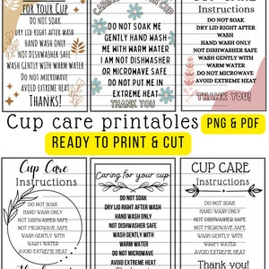 Impression facile d'entretien des tasses en verre florales, instructions d'entretien imprimables, carte d'entretien imprimable, bundle png pdf, carte d'entretien des gobelets libby png