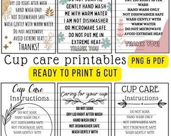 May include: Four printable cup care instructions with a floral design. The instructions include: Do not soak, dry lid right after wash, hand wash only, not dishwasher safe, wash gently with warm water, do not microwave, avoid extreme heat, and thank you.