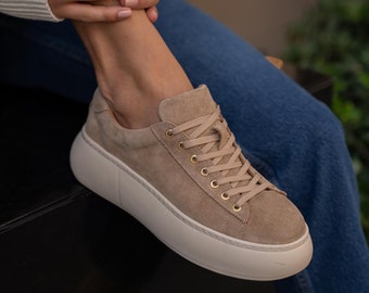 Women's Suede Leather Sneakers - 5cm Sole, High-Quality, Beige and Tan Options | Chicstep