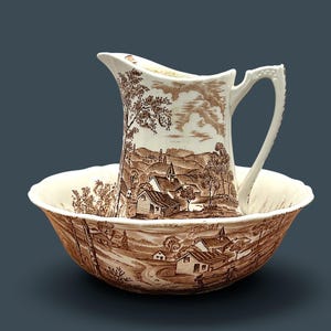 Antique Alfred Meakin Brown Transferware Pitcher and Basin Set Classic English Countryside Ironstone Jug