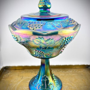Vintage Indiana Glass Harvest Grape Candy Dish, 1970s Blue Carnival Glass Compote with Lid, Iridescent Pedestal Bowl, Retro Home Decor Gift