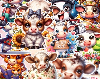 Kawaii Cow PNG Stickers – Pastel Farm Animal Clipart (Digital Download)