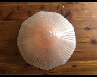 Abat-jour Suspendu Vintage En Verre Rose/blanc - Lignes Dorées - 5 1/2 X 5 1/2