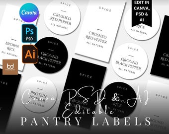Editable Pantry Organization Labels for Kitchen Organization, Canva Customizable Spice labels, Printable Spice Jar Labels, Container Labels
