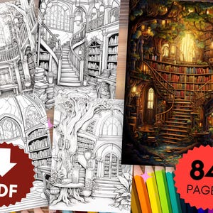 84 Enchanted Library Coloring Pages with Colorful Pictures for Inspiration, Coloring Book for Adults and Children, Instant Download, Coloring Pages