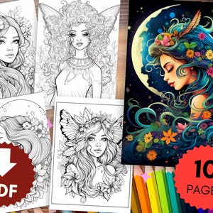 100 fairies coloring pages with colored pictures for inspiration, coloring book for adults and children, instant download, coloring pages