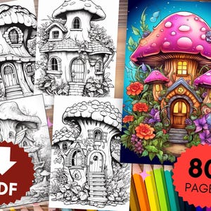 80 Fairy Houses Coloring Pages with Colorful Pictures for Inspiration, Coloring Book for Adults and Children, Instant Download, Coloring Pages