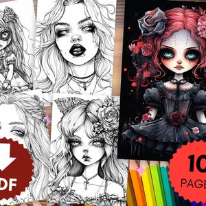 100 pages of Gothic women coloring pages with colorful pictures for inspiration, coloring book for adults and children, instant download, coloring pages