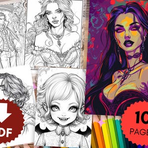 100 pages of vampire coloring pages with colorful pictures for inspiration, coloring book for adults, dark fantasy, instant download, coloring pages