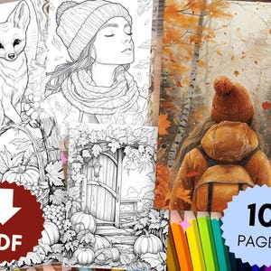 100 Autumn Coloring Pages with Colorful Pictures for Inspiration, Coloring Book for Adults and Children, Instant Download, Coloring Pages