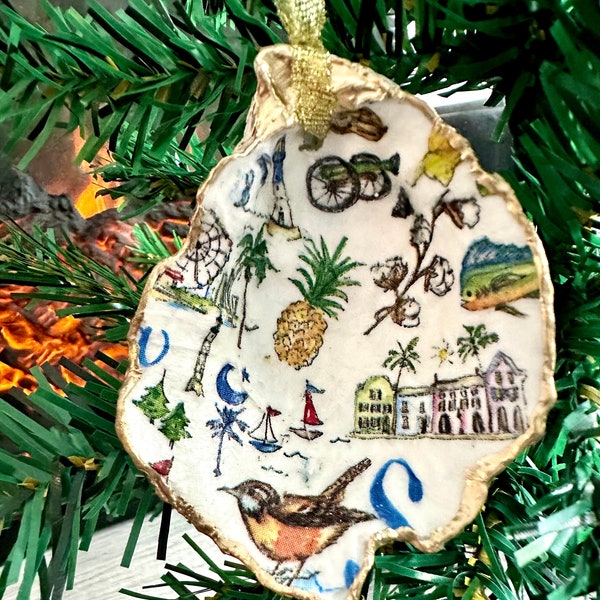 Ornement de coquille d'huître sur le thème de la Caroline du Sud/porte-bagues - cadeau de vacances - décoration de Noël - décoration côtière du Lowcountry de Charleston