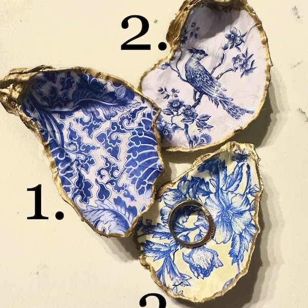 Oyster Shell Trinket Ring Dish - Blau und Weiß Floral - Gold Rand - Strand Themen Geschenk - Decoupage-LowCountry Charleston, South Carolina Coastal