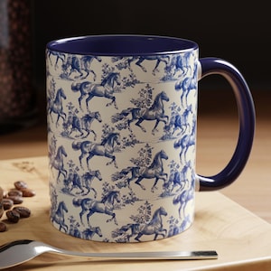 Horse Toile Mug, Vintage French Equine Coffee Cup, Elegant Equestrian Gift for Horse Lovers Blue and White Chinoiserie Mug Gift