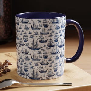 Nautical Toile Coffee Mug, Sailboat Mug, Nautical Kitchen Decor, Beachy Mug Gifts, Ocean Vibes Coffee Cups, Gift for Sailing Lover