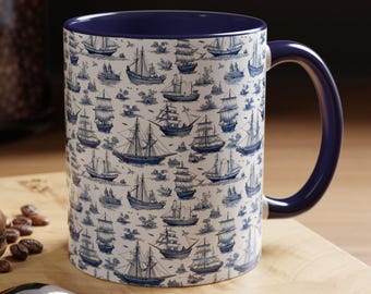 Nautical Toile Coffee Mug, Sailboat Mug, Nautical Kitchen Decor, Beachy Mug Gifts, Ocean Vibes Coffee Cups, Gift for Sailing Lover