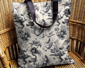 Toile Mermaid Tote Bag, Siren Beach Bag, Maritime Living Bag,  Ocean Toile Beach Bag, Nautical Vacation Tote, Siren Core Lovers Gifts