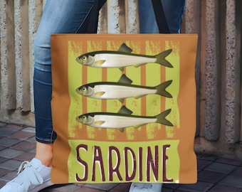 Draagtas sardines, vintage blikken vistas, canvas draagtas sardines, sardineliefhebber cadeau ingeblikte vistas, tas sardines, sardine-esthetiek