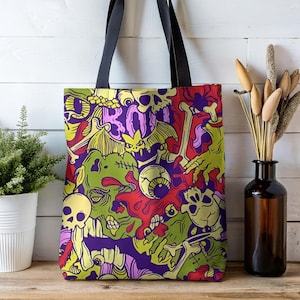 Zombie Tote Bag, Retro 90s Horror Bag, Gothic Beach Bag, Zombie Apocalypse Creepy Grocery Tote, Halloween Reusable Tote Bag, Trick or Treat
