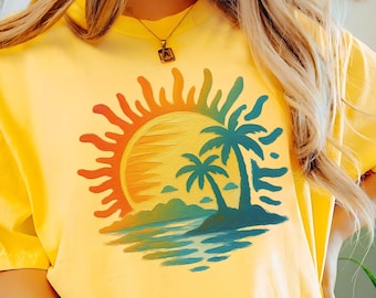 Comfortkleuren shirt zonsondergang strand, retro zomer T-shirt zomer vakantie, kust oceaan grafische hoodie, schattige shirts voor reisgezelschap