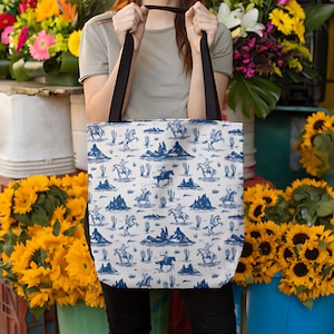 Blaue Western Toile Einkaufstasche Vintage Chinoiserie wiederverwendbare Einkaufstasche Trending Ästhetische Cowboy Kern Strandtasche Reise Tragen Einzigartiges Geschenk