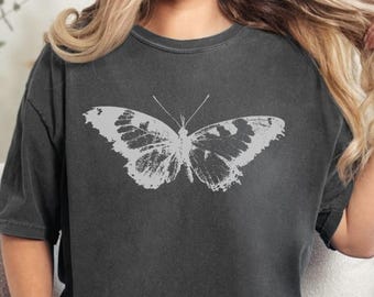 Grunge Butterfly T-Shirt, Y2K Faded Black Shirt, Grunge Tee Women, Monochrome Edgy Bootleg Tee