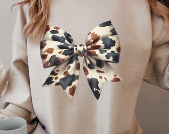 Cow Print Bow Sweatshirt, Coquette Cowgirl Shirt, Cozy Gift for Her, Western Cowgirl Sweater