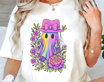 Comfort Colors Iridescent Ghost T-Shirt: Pastel Halloween Coquette Tee