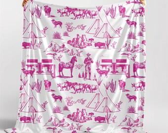 Pink Western Toile Blanket Cowboy Toile Bedding Cowgirl Gifts French Country Decor Velveteen Plush Cowboy Blanket Marfa Texas Print