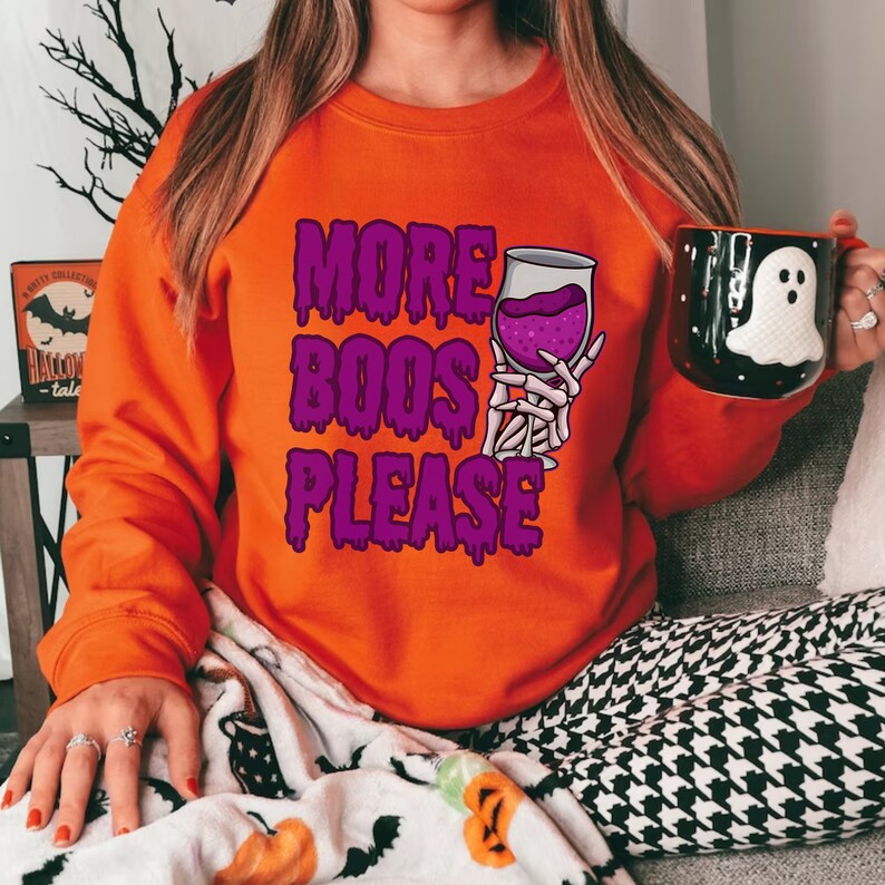 More Boos Please Girly Halloween Wine Sweatshirt Here for the Boos Plus