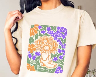 Blommig cowgirlskjorta, skjorta med vilda blommor i komfortfärger, countryflicka-t-shirt, countryskjorta, westernskjorta, boho blommig cowboystövlar-t-shirt