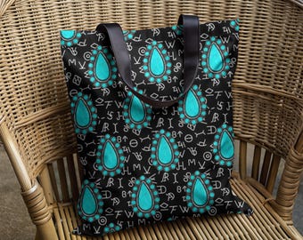 Turquoise Western Tote Bag, Cowgirl Boho Southwest Print Shoulder Bag, Ranch Brand Market Tote