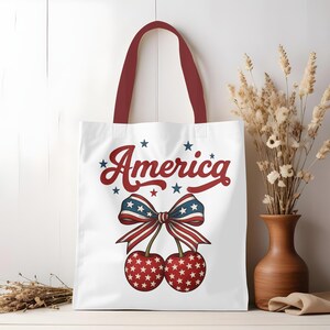 America Patriotic Bow Star Cherry Tote Bag,  Coquette Cherry 4th of July Tote Bag, USA Girly Tote, Independence Day Party Shoulder Bag