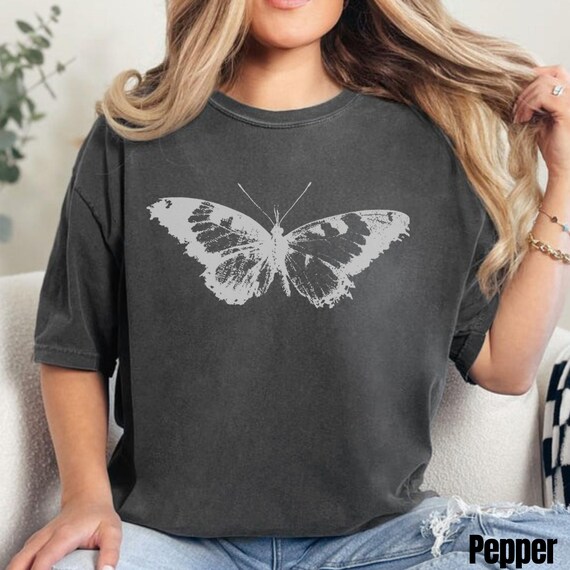 Grunge Butterfly T-Shirt, Y2K Faded Black Shirt, Grunge Tee Women, Monochrome Edgy Bootleg Tee