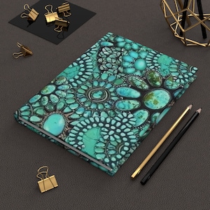May include: A turquoise and black patterned notebook with a geometric design. The notebook is closed and lying on a dark surface.
