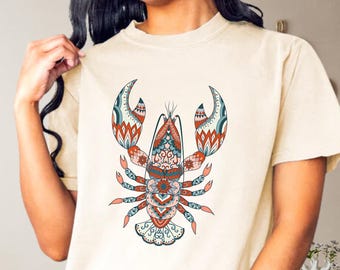Boho Lobster T-Shirt, Mandala Lobster Shirt, Prezent dla Niej Maine TShirt Nadmorskie koszule z okrągłym dekoltem z homarem Nantucket Gifts Lobster Crewneck