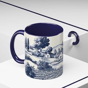 Farmhouse Toile Coffee Mug, Blue and White Country Cottage Toile Mug, French Country Decor, Shabby Chic Kitchen Decor, French Provincial Mug