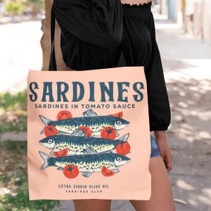 Sardine Tote Bag, Tinned Fish Bag, Travel Tote, Farmers Market Bag, Sardine Lover Gifts, Eco Friendly Boho Shopping Bag Ocean Vibes Nautical