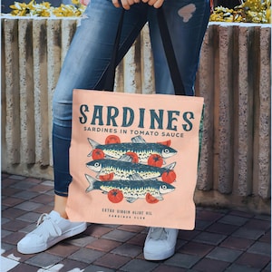 Sardine Tote Bag, Tinned Fish Bag, Travel Tote, Farmers Market Bag, Sardine Lover Gifts, Eco Friendly Boho Shopping Bag Ocean Vibes Nautical