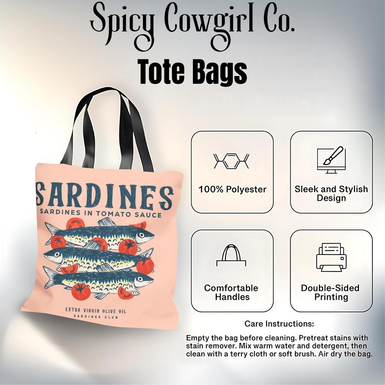 May include: A peach-colored tote bag with black handles featuring the text "SARDINES" and an illustration of sardines and tomatoes. The bag is made of 100% polyester and has double-sided printing.