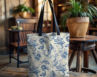Mermaid Toile Tote Bag, Ocean Toile Beach Bag, Nautical Vacation Tote, Siren Core Lovers Gifts, Mermaid Core Vacation Carry-on