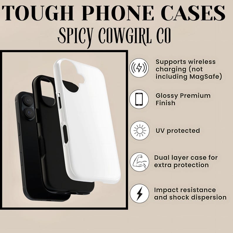 Może przedstawiać: Trzy etui na telefon: czarne, białe i czarne. Białe etui jest na pierwszym planie. Tekst u g&oacute;ry brzmi "TOUGH PHONE CASES" i "SPICY COWGIRL CO". Funkcje obejmują ładowanie bezprzewodowe, błyszczące wykończenie, ochronę przed promieniowaniem UV, podw&oacute;jną warstwę i odporność na uderzenia.