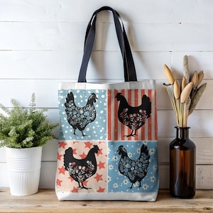 Colorful Chicken Tote Bag, Cute Chicks Tote, Chicken Lover Gifts, Chicken Beach Bag, Eco Friendly Reusable Grocery Bag, Farm Animal Tote
