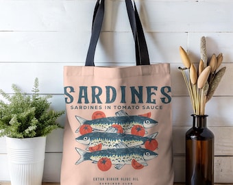 Draagtas sardine, ingeblikte vistas, reistas, tas boerenmarkt, cadeaus sardineliefhebber, eco-vriendelijke boho-boodschappentas Ocean Vibes Nautical