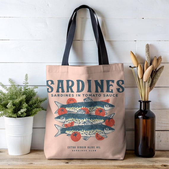 Sardine Tote Bag, Tinned Fish Bag, Travel Tote, Farmers Market Bag, Sardine Lover Gifts, Eco Friendly Boho Shopping Bag Ocean Vibes Nautical