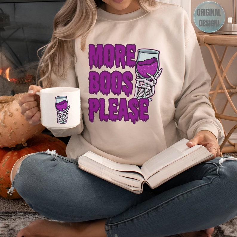 More Boos Please Girly Halloween Wine Sweatshirt Here for the Boos Plus
