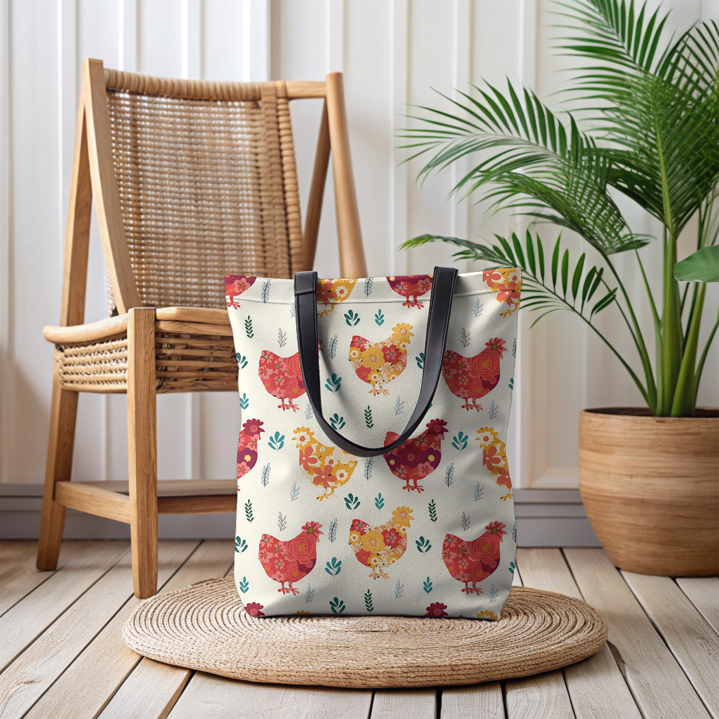 Sac fourre-tout floral poulet, fourre-tout coloré poussins, cadeaux pour amateurs de poulet, sac de courses de ferme, fourre-tout réutilisable Cottagecore Farmers Market