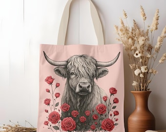 Rose Sunflower Highland Cow Tote Bag For Women - 15x13.3 Inch Canvas Bag, Cow Lover Gift, Reusable Shopping Bag