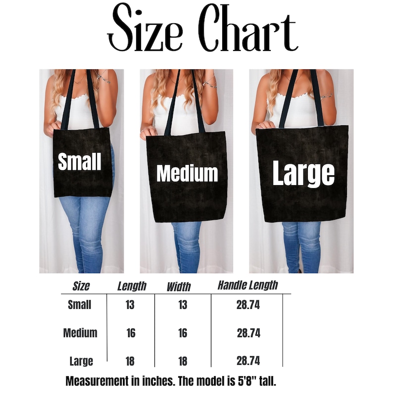 May include: Size chart image showing three tote bags labeled Small, Medium, and Large. The chart lists dimensions in inches: Small (33 cm x 33 cm), Medium (41 cm x 41 cm), and Large (46 cm x 46 cm). Handle length is 73 cm for all sizes. The model is 173 cm tall.